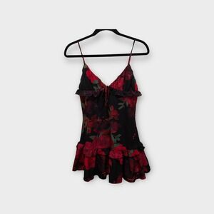 White Fox Boutique Floral Ruffle Mini Dress Tie Front Black Red Size S